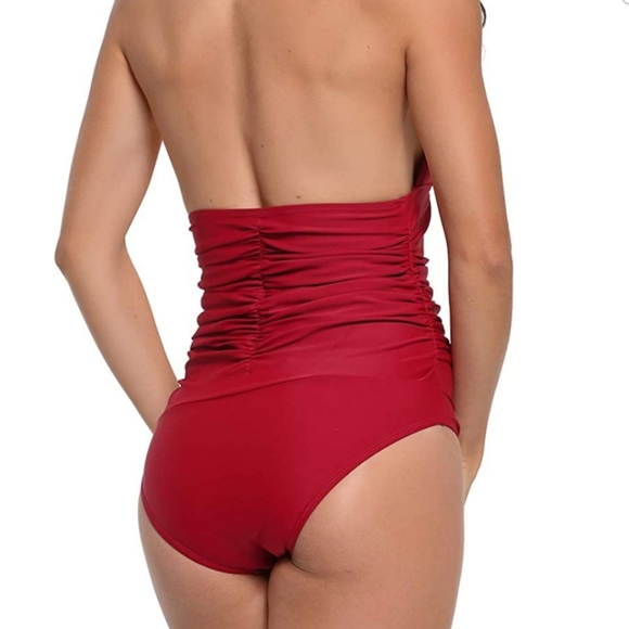 Red Ruched Deep V Triangle Top One Piece - Picture 3 of 3